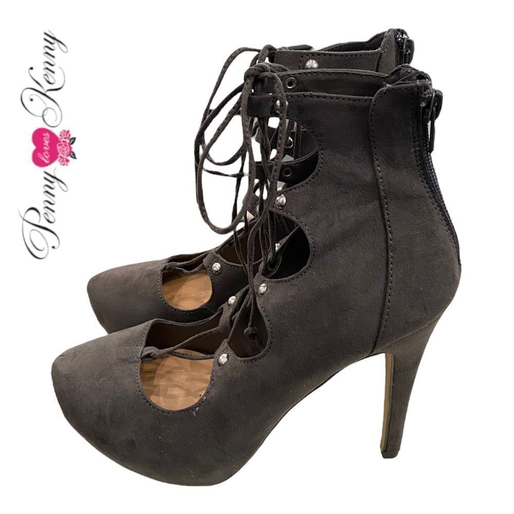 Penny Loves Kenny Grey Suede Platform Lace Zipper Heels 7